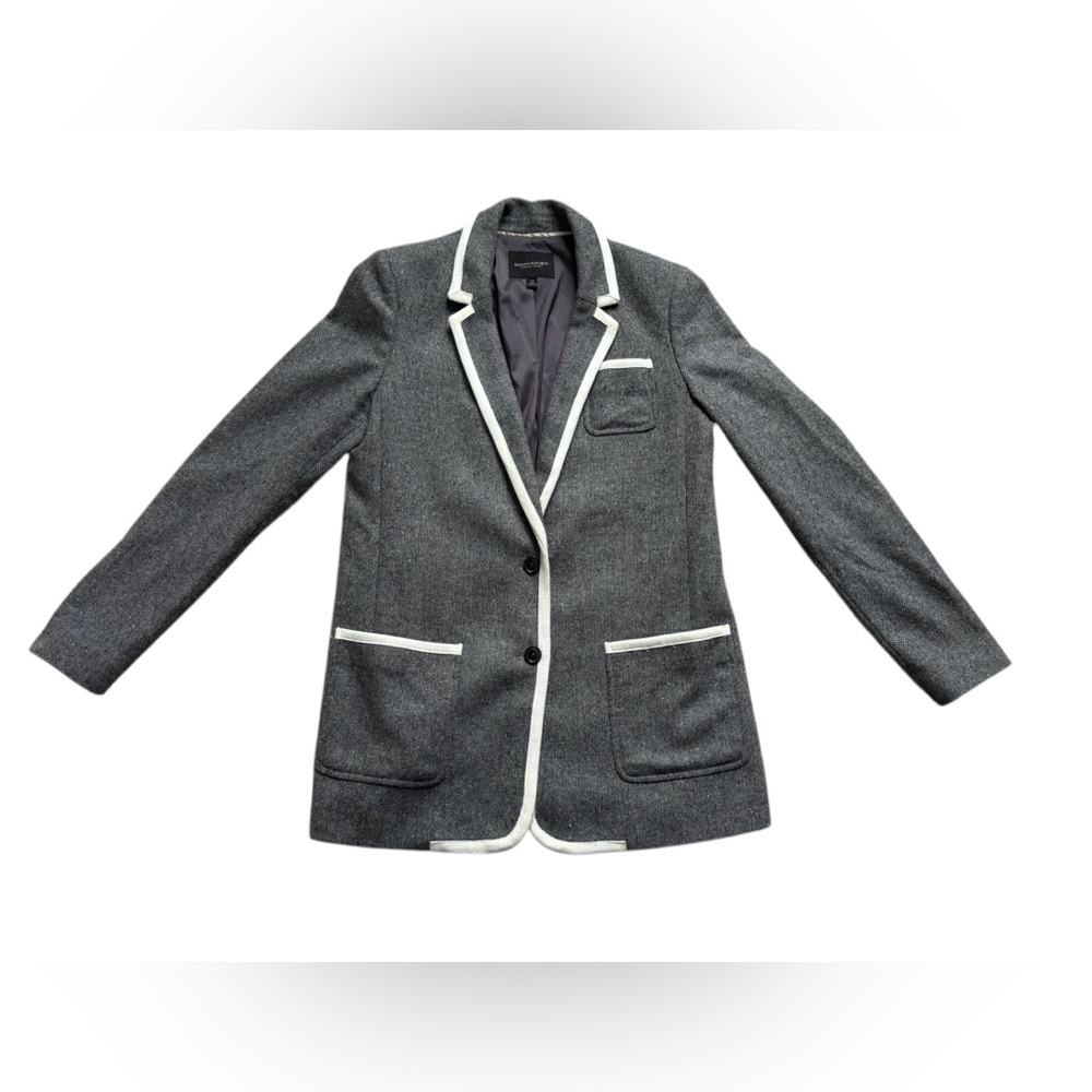 Banana Republic Tweed Blazer Gray White Trim Preppy Academia Tailored Womens 10